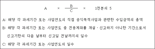 @@LATEX@@A \times \frac{B}{C} \times 1천분의5@@/LATEX@@

 A: 해당 각 과세기간 또는 사업연도의 직접 공익목적사업과 관련한 수입금액의 총액
 B: 해당 각 과세기간 또는 사업연도 중 전용계좌를 개설ㆍ신고하지 아니한 기간으로서 신고기한의 다음 날부터 신고일 전날까지의 일수
 C: 해당 각 과세기간 또는 사업연도의 일수
