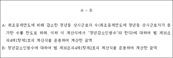 @@LATEX@@A - B@@/LATEX@@

A: 최초공제연도에 비해 감소한 청년등 상시근로자 수(최초공제연도에 청년등 상시근로자가 증가한 수를 한도로 하며, 이하 이 계산식에서 “청년감소인원수”라 한다)에 대하여 법 제30조의4제1항제1호의 계산식을 준용하여 계산한 금액
B: 청년감소인원수에 대하여 법 제30조의4제1항제2호의 계산식을 준용하여 계산한 금액
