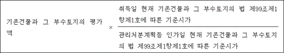 @@LATEX@@기존건물과그부수토지의평가액 \times \frac{취득일현재기존건물과그부수토지의법제99조제1항제1호에따른기준시가}{관리처분계획등인가일현재기존건물과그부수토지의법제99조제1항제1호에따른기준시가}@@/LATEX@@