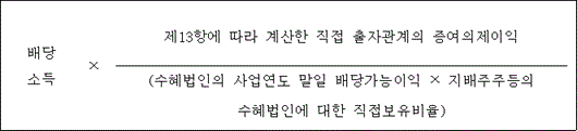@@LATEX@@\mathrm{배당소득} \times \frac{제13항에따라계산한직접출자관계의증여의제이익}{\left(수혜법인의사업연도말일배당가능이익 \times 지배주주등의수혜법인에대한직접보유비율\right)}@@/LATEX@@