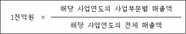 @@LATEX@@1천억원 \times \frac{해당사업연도의사업부문별매출액}{해당사업연도의전체매출액}@@/LATEX@@