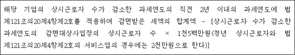@@LATEX@@해당기업의상시근로자수가감소한과세연도의직전2년이내의과세연도에법제121조의20제4항제2호를적용하여감면받은세액의합계액- \left[상시근로자수가감소한과세연도의감면대상사업장의상시근로자수 \times 1천5백만원\left(청년상시근로자와법제121조의20제4항제2호의서비스업의경우에는2천만원으로한다\right)\right]@@/LATEX@@
