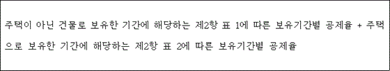 @@LATEX@@주택이아닌건물로보유한기간에해당하는제2항표1에따른보유기간별공제율 + 주택으로보유한기간에해당하는제2항표2에따른보유기간별공제율@@/LATEX@@