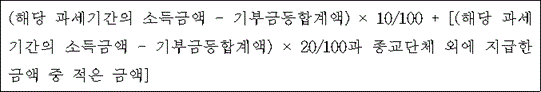 @@LATEX@@\left(해당과세기간의소득금액- \mathrm{기부금등합계액}\right) \times 10/ 100 + \left[\left(해당과세기간의소득금액 - \mathrm{기부금등합계액}\right) \times 20/ 100과종교단체외에지급한금액중적은금액\right]@@/LATEX@@