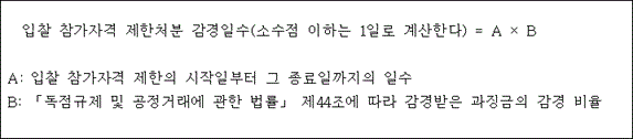 @@LATEX@@입찰참가자격제한처분감경일수(소수점이하는1일로계산한다) = A \times B@@/LATEX@@

  A: 입찰 참가자격 제한의 시작일부터 그 종료일까지의 일수                             
  B: 「독점규제 및 공정거래에 관한 법률」 제44조에 따라 감경받은 과징금의 감경 비율   
                                                                                      
                                                                                      
                                                                                      
