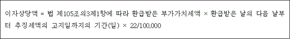 @@LATEX@@이자상당액 = 법제105조의3제1항에따라환급받은부가가치세액 \times 환급받은날의다음날부터추징세액의고지일까지의기간\left(일\right) \times 22/ 100,000@@/LATEX@@