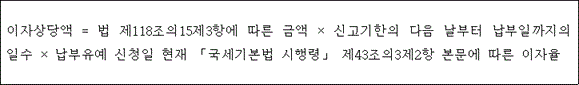 @@LATEX@@\mathrm{이자상당액} = 법제118조의15제3항에따른금액 \times 신고기한의다음날부터납부일까지의일수 \times 납부유예신청일현재「국세기본법시행령」제43조의3제2항본문에따른이자@@/LATEX@@