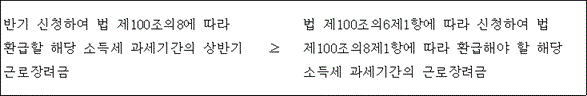 @@LATEX@@반기신청하여법제100조의8에따라환급할해당소득세과세기간의상반기근로장려금 \geq 법제100조의6제1항에따라신청하여법제100조의8제1항에따라환급해야할해당소득세과세기간의근로장려금@@/LATEX@@