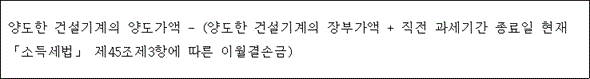 @@LATEX@@양도한건설기계의양도가액- \left(양도한건설기계의장부가액 + 직전과세기간종료일현재「소득세법」제45조제3항에따른이월결손금\right)@@/LATEX@@