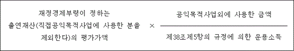 @@LATEX@@재정경제부령이정하는출연재산\left(직접공익목적사업에사용한분을제외한다\right)의평가가액 \times \frac{공익목적사업외에사용한금액}{제38조제5항의규정에의한운용소득}@@/LATEX@@