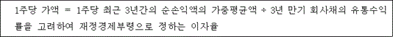 @@LATEX@@1주당가액 = 1주당최근3년간의순손익액의가중평균액 \div 3년만기회사채의유통수익률을고려하여재정경제부령으로정하는이자율@@/LATEX@@