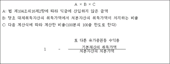 @@LATEX@@A \times B \times C@@/LATEX@@

A: 법 제104조의16제2항에 따라 익금에 산입하지 않은 금액
B: 당초 대체취득자산의 취득가액에서 처분자산의 취득가액이 차지하는 비율
C: 다음 계산식에 따라 계산한 비율(100분의 100을 한도로 한다)
@@LATEX@@1- \frac{또다른유가증권등수익용기본재산의취득가액}{처분자산의처분가액}@@/LATEX@@
