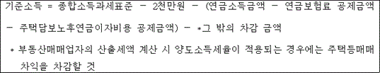 @@LATEX@@\mathrm{기준소득} = \mathrm{종합소득과세표준}- 2천만원\left(\mathrm{연금소득금액}- \mathrm{연금보험료공제금액}- \mathrm{주택담보노후연금이자비용공제금액}\right)- *\mathrm{그밖의차감금액}@@/LATEX@@
* 부동산매매업자의 산출세액 계산 시 양도소득세율이 적용되는 경우에는 주택등매매차익을 차감할 것