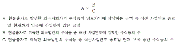 @@LATEX@@A \times \frac{B}{C}@@/LATEX@@

A: 현물출자로 발생한 외국자회사의 주식등의 양도차익에 상당하는 금액 중 직전 사업연도 종료일 현재까지 익금에 산입하지 않은 금액
B: 현물출자로 취득한 외국법인의 주식등 중 해당 사업연도에 양도한 주식등의 수
C: 현물출자로 취득한 외국법인의 주식등 중 직전사업연도 종료일 현재 보유 중인 주식등의 수