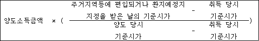 @@LATEX@@양도소득금액 \times \left(\frac{주거지역등에편입되거나환지예정지지정을받은날의기준시가- 취득당시기준시가}{양도당시기준시가- 취득당시기준시가}\right)@@/LATEX@@