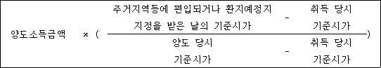 @@LATEX@@양도소득금액 \times \left(\frac{주거지역등에편입되거나환지예정지지정을받은날의기준시가- 취득당시기준시가}{양도당시기준시가- 취득당시기준시가}\right)@@/LATEX@@