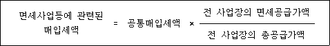@@LATEX@@면세사업등에관련된매입세액 = \mathrm{공통매입세액} \times \frac{전사업장의면세공급가액}{전사업장의총공급가액}@@/LATEX@@