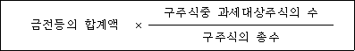 @@LATEX@@금전등의합계액 \times \frac{구주식중과세대상주식의수}{구주식의총수}@@/LATEX@@