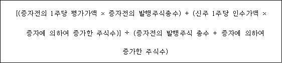 @@LATEX@@\left[\left(증자전의1주당평가가액 \times 증자전의발행주식총수\right) + \left(신주1주당인수가액 \times 증자에의하여증가한주식수\right)\right] \div \left(증자전의발행주식총수 + 증자에의하여증가한주식수\right)@@/LATEX@@