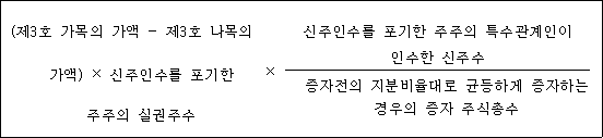 @@LATEX@@\left(제3호가목의가액- 제3호나목의가액\right) \times 신주인수를포기한주주의실권주수 \times \frac{신주인수를포기한주주의특수관계인이인수한신주수}{증자전의지분비율대로균등하게증자하는경우의증자주식총수}@@/LATEX@@