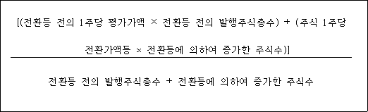@@LATEX@@\frac{\left[\left(전환등전의1주당평가가액 \times 전환등전의발행주식총수\right)\right] + \left(주식1주당전환가액등 \times 전환등에의하여증가한주식수\right)}{전환등전의발행주식총수 + 전환등에의하여증가한주식수}@@/LATEX@@