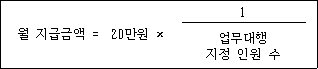 @@LATEX@@월지급금액 = 20만원 \times \frac{1}{업무대행지정인원수}@@/LATEX@@