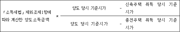@@LATEX@@「소득세법」제95조제1항에따라계산한양도소득금액\frac{양도당시기준시가- 신축주택취득당시기준시가}{양도당시기준시가- 종전주택취득당시기준시가}@@/LATEX@@
