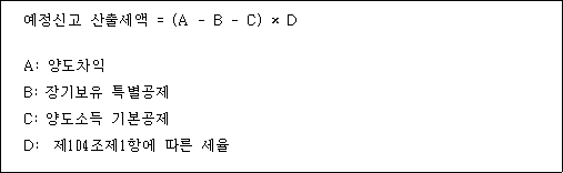 @@LATEX@@예정신고산출세액 = \left(A- B- C\right) \times D@@/LATEX@@

A: 양도차익
B: 장기보유 특별공제
C: 양도소득 기본공제
D: 제104조제1항에 따른 세율