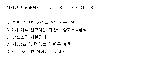 @@LATEX@@예정신고산출세액 = \left[\left(A + B- C\right) \times D\right]- E@@/LATEX@@

A: 이미 신고한 자산의 양도소득금액
B: 2회 이후 신고하는 자산의 양도소득금액
C: 양도소득 기본공제
D: 제104조제1항제1호에 따른 세율
E: 이미 신고한 예정신고 산출세액
