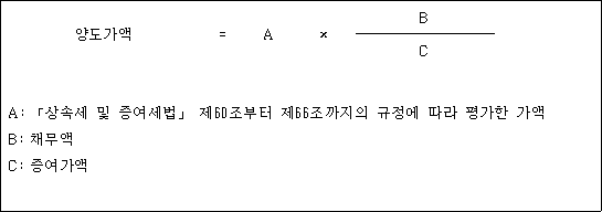 @@LATEX@@\mathrm{양도가액} = A \times \frac{B}{C}@@/LATEX@@

A: 「상속세 및 증여세법」 제60조부터 제66조까지의 규정에 따라 평가한 가액
B: 채무액
C: 증여가액