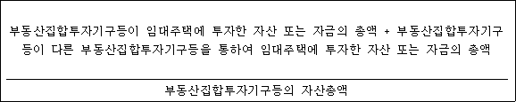 @@LATEX@@\frac{부동산집합투자기구등이임대주택에투자한자산또는자금의총액 + 부동산집합투자기구등이다른부동산집합투자기구등을통하여임대주택에투자한자산또는자금의총액}{부동산집합투자기구등의자산총액}@@/LATEX@@