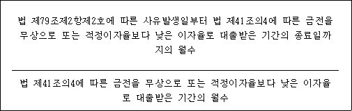 @@LATEX@@\frac{법제79조제2항제2호에따른사유발생일부터법제41조의4에따른금전을무상으로또는적정이자율보다낮은이자율로대출받은기간의종료일까지의월수}{법제41조의4에따른금전을무상으로또는적정이자율보다낮은이자율로대출받은기간의월수}@@/LATEX@@