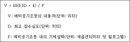 @@LATEX@@V = 60\left(0.3D + 4\right)/ P@@/LATEX@@

V: 예비공기조등의 내용적(단위: 리터)
D: 최고 잠수심도(단위: 미터)
P: 예비공기조등 내의 기체압력(단위: 제곱센티미터 당 킬로그램)