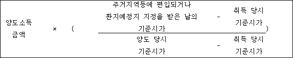 @@LATEX@@양도소득금액 \times \left(\frac{주거지역등에편입되거나환지예정지지정을받은날의기준시가- 취득당시기준시가}{양도당시기준시가- 취득당시기준시가}\right)@@/LATEX@@