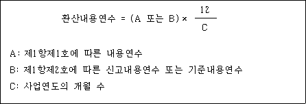 @@LATEX@@환산내용연수 = \left(A또는B\right) \times \frac{12}{C}@@/LATEX@@

  A: 제1항제1호에 따른 내용연수
  B: 제1항제2호에 따른 신고내용연수 또는 기준내용연수
  C: 사업연도의 개월 수
