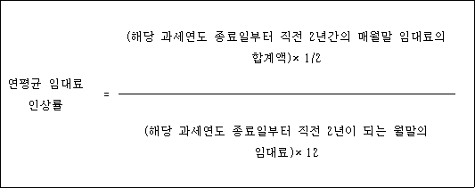 @@LATEX@@연평균임대료인상률 = \frac{\left(해당과세연도종료일부터직전2년간의매월말임대료의합계액\right) \times 1/ 2}{\left(해당과세연도종료일부터직전2년이되는월말의임대료\right) \times 12}@@/LATEX@@