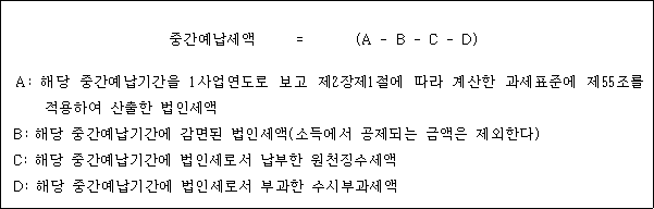 @@LATEX@@\mathrm{중간예납세액} = \left(A- B- C- D\right)@@/LATEX@@

A: 해당 중간예납기간을 1사업연도로 보고 제2장제1절에 따라 계산한 과세표준에 제55조를 적용하여 산출한 법인세액
B: 해당 중간예납기간에 감면된 법인세액(소득에서 공제되는 금액은 제외한다)
C: 해당 중간예납기간에 법인세로서 납부한 원천징수세액
D: 해당 중간예납기간에 법인세로서 부과한 수시부과세액