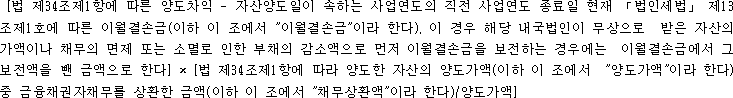@@LATEX@@\left[법제34조제1항에따른양도차익- 자산양도일이속하는사업연도의직전사업연도종료일현재「법인세법」제13조제1호에따른이월결손금\left(이하이조에서"이월결손금"이라한다\right)\ldotp 이경우해당내국법인이무상으로받은자산의가액이나채무의면제또는소멸로인한부채의감소액으로먼저이월결손금을보전하는경우에는이월결손금에서그보전액을뺀금액으로한다\right] \times \left[법제34조제1항에따라양도한자산의양도가액\left(이하이조에서"양도가액"이라한다\right)중금융채권자채무를상환한금액(이하이조에서"채무상환액"이라한다)/ 양도가액\right]@@/LATEX@@                                                                                                             
