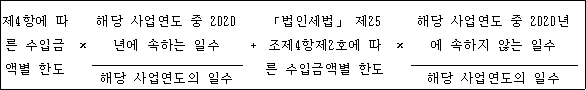 @@LATEX@@제4항에따른수입금액별한도 \times \frac{해당사업연도중2020년에속하는일수}{해당사업연도의일수} + 「법인세법」제25조제4항제2호에따른수입금액별한도 \times \frac{해당사업연도중2020년에속하지않는일수}{해당사업연도의일수}@@/LATEX@@