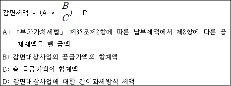 @@LATEX@@감면세액 = \left(A \times \frac{B}{C}\right)- D@@/LATEX@@

A: 「부가가치세법」 제37조제2항에 따른 납부세액에서 제2항에 따른 공제세액을 뺀 금액
B: 감면대상사업의 공급가액의 합계액
C: 총 공급가액의 합계액
D: 감면대상사업에 대한 간이과세방식 세액