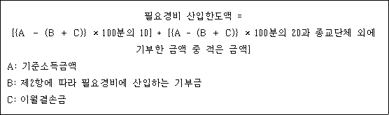 @@LATEX@@필요경비산입한도액 = \left[\left\{A- \left(B + C\right)\right\} \times 100분의10\right] + \left[\left\{A- \left(B + C\right)\right\} \times 100분의20과종교단체외에기부한금액중적은금액\right]@@/LATEX@@

A: 기준소득금액
B: 제2항에 따라 필요경비에 산입하는 기부금
C: 이월결손금