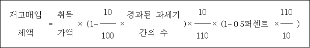 @@LATEX@@\mathrm{재고매입세액} = \mathrm{취득가액} \times \left(1- \frac{10}{100} \times 경과된과세기간의수\right) \times \frac{10}{110}\left(1- 0.5퍼센트 \times \frac{110}{10}\right)@@/LATEX@@