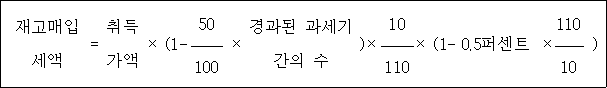 @@LATEX@@\mathrm{재고매입세액} = \mathrm{취득가액} \times \left(1- \frac{50}{100} \times 경과된과세기간의수\right) \times \frac{10}{110}\left(1- 0.5퍼센트 \times \frac{110}{10}\right)@@/LATEX@@