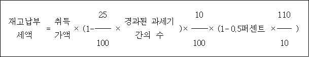 @@LATEX@@\mathrm{재고납부세액} = \mathrm{취득가액} \times \left(1- \frac{25}{100} \times 경과된과세기간의수\right) \times \frac{10}{100} \times \left(1- 0.5퍼센트 \times \frac{110}{10}\right)@@/LATEX@@