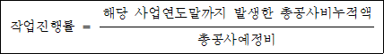 작업진행률 = 해당 사업연도말까지 발생한 총공사비누적액 총공사예정비