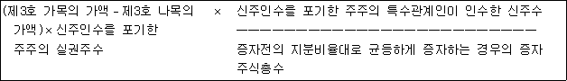 (제3호 가목의 가액－제3호 나목의 × 신주인수를 포기한 주주의 특수관계인이 인수한 신주수 가액)×신주인수를 포기한 주주의 실권주수 증자전의 지분비율대로 균등하게 증자하는 경우의 증자 주식총수