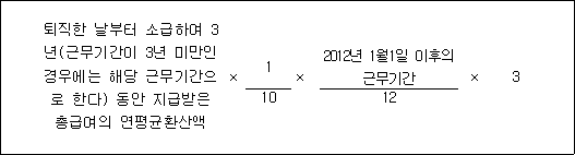 퇴직한 날부터 소급하여 × × × 3 3년(근무기간이 3년 미만인 경우에는 해당 1 2012년 1월1일 이후의 근무기간으로 한다) 동안 근무기간 지급받은 총급여의 연평균환산액 10 12