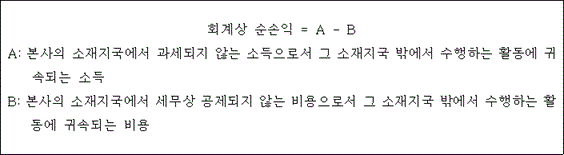 회계상 순손익 = A - B A: 본사의 소재지국에서 과세되지 않는 소득으로서 그 소재지국 밖에서 수행하는 활동에 귀 속되는 소득 B: 본사의 소재지국에서 세무상 공제되지 않는 비용으로서 그 소재지국 밖에서 수행하는 활 동에 귀속되는 비용