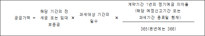 공급가액 = 해당 기간의 × `과세대상 기간의 × 계약기간 1년의 정기예금 이자율 전세금 또는 일수 (해당 예정신고기간 또는` 임대보증금 ```과세기간 종료일 현재) 365(윤년에는 366)