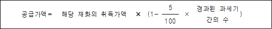 공급가액= 해당 재화의 취득가액 × (1- 5 × 경과된 ) 과세기간의 수 100